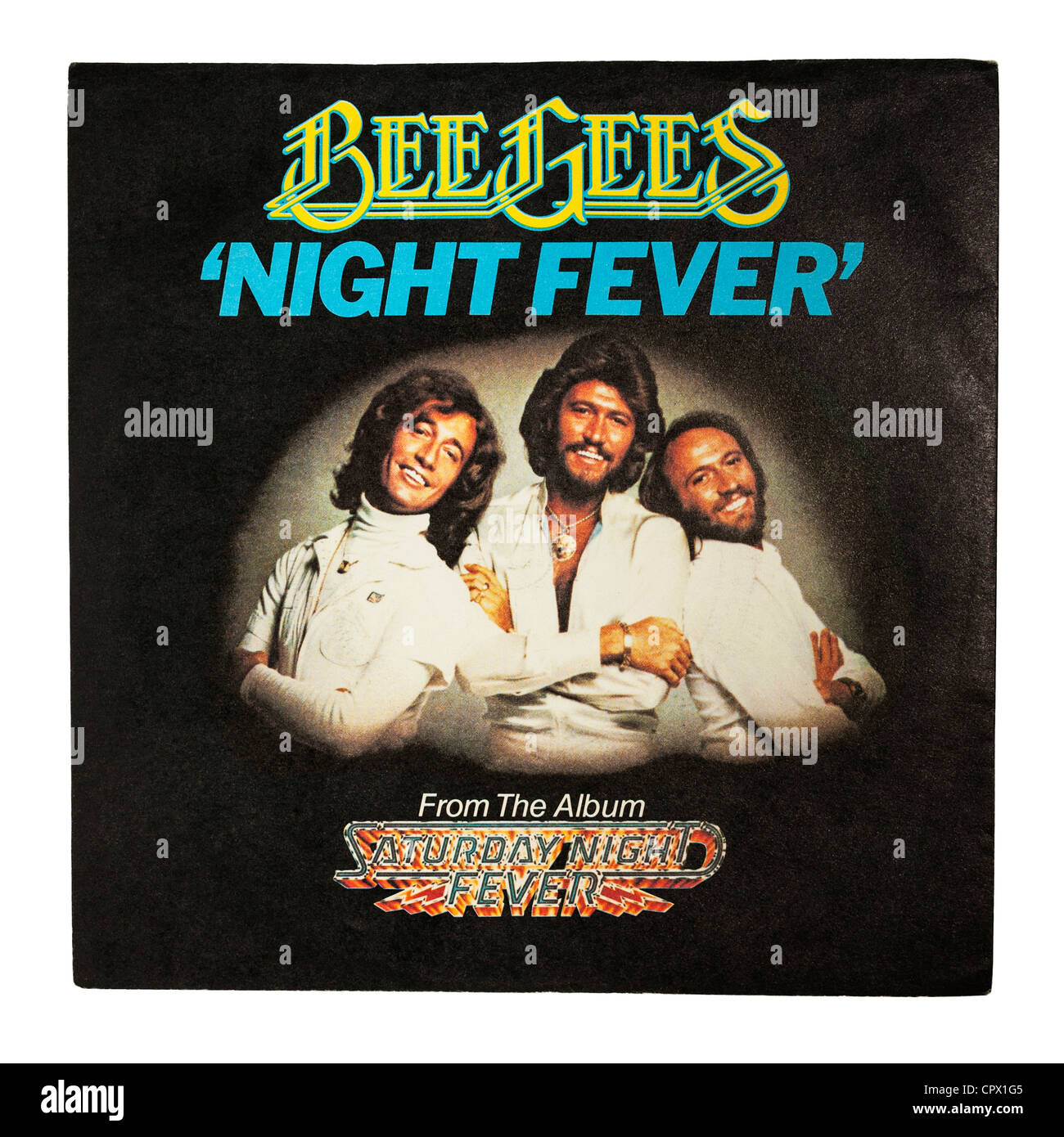 A vinyl single record by the BEE GEES called Night Fever from Saturday Night Fever album on a white background Stock Photo