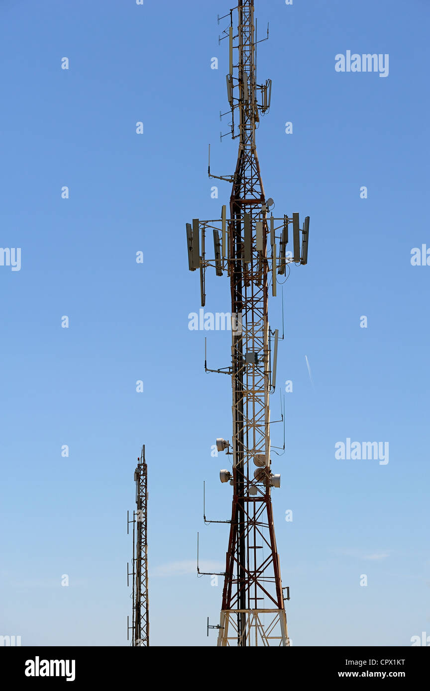 satellite radio television and communication masts on top of monte toro the highest point in menorca spain Stock Photo