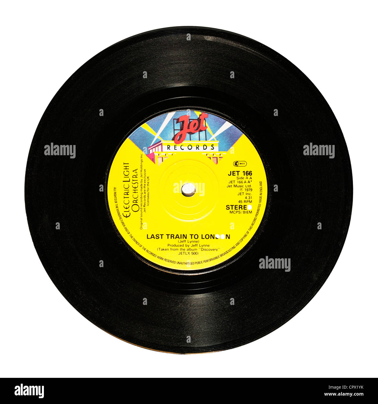 A vinyl single record by The Electric Light Orchestra ( E L O ) on a white background Stock Photo