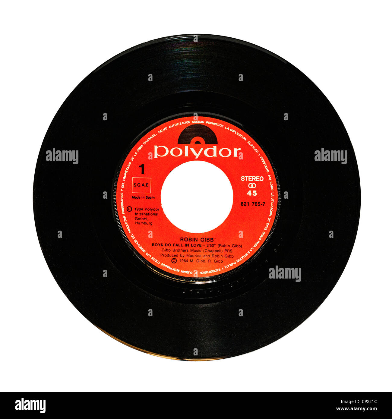 A vinyl single record by Robin Gibb from the Bee Gees on the Polydor record label on a white background Stock Photo