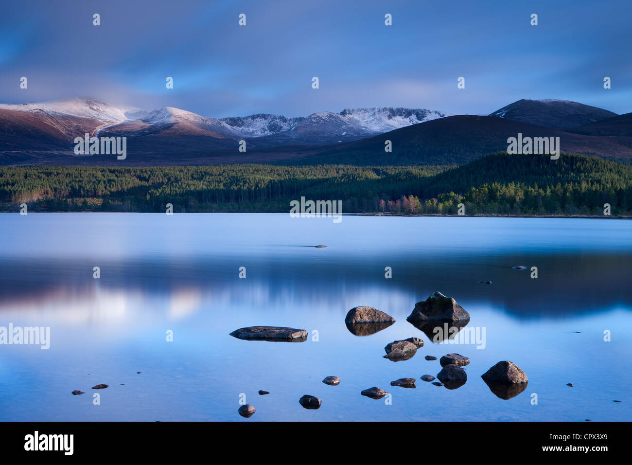 Loch Morlich & the Cairngorm Mountains, Cairngorms National Park, Badenoch and Strathspey, Scotland Stock Photo