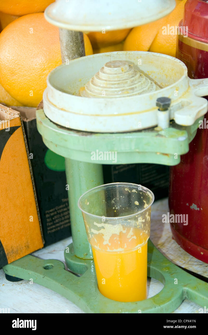 juice machine oranges fruit as photographed street stand vendor Jerusalem Israel Stock Photo