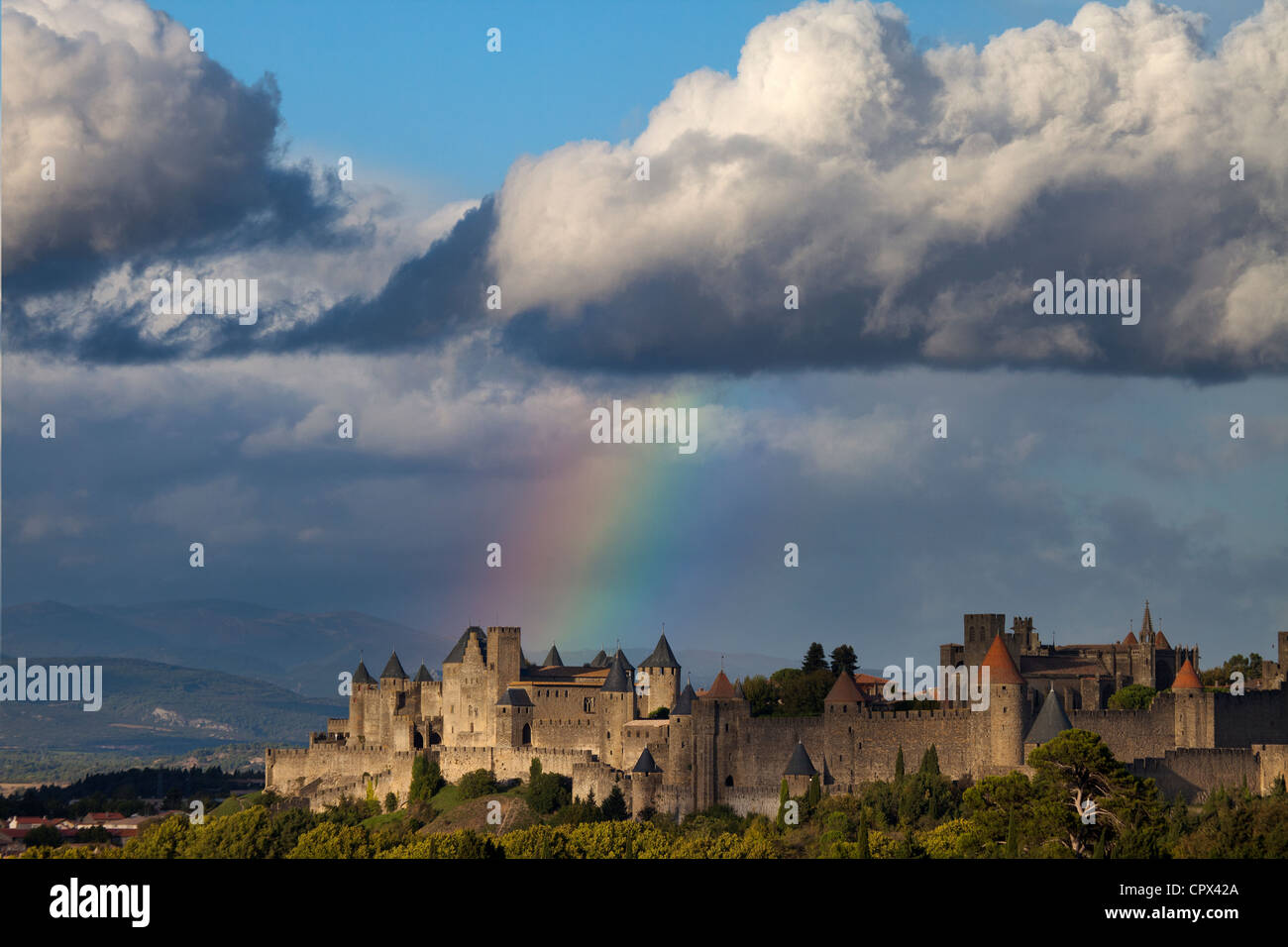 a rainbow over the fortified Cité of Carcassonne, Languedoc, France Stock Photo