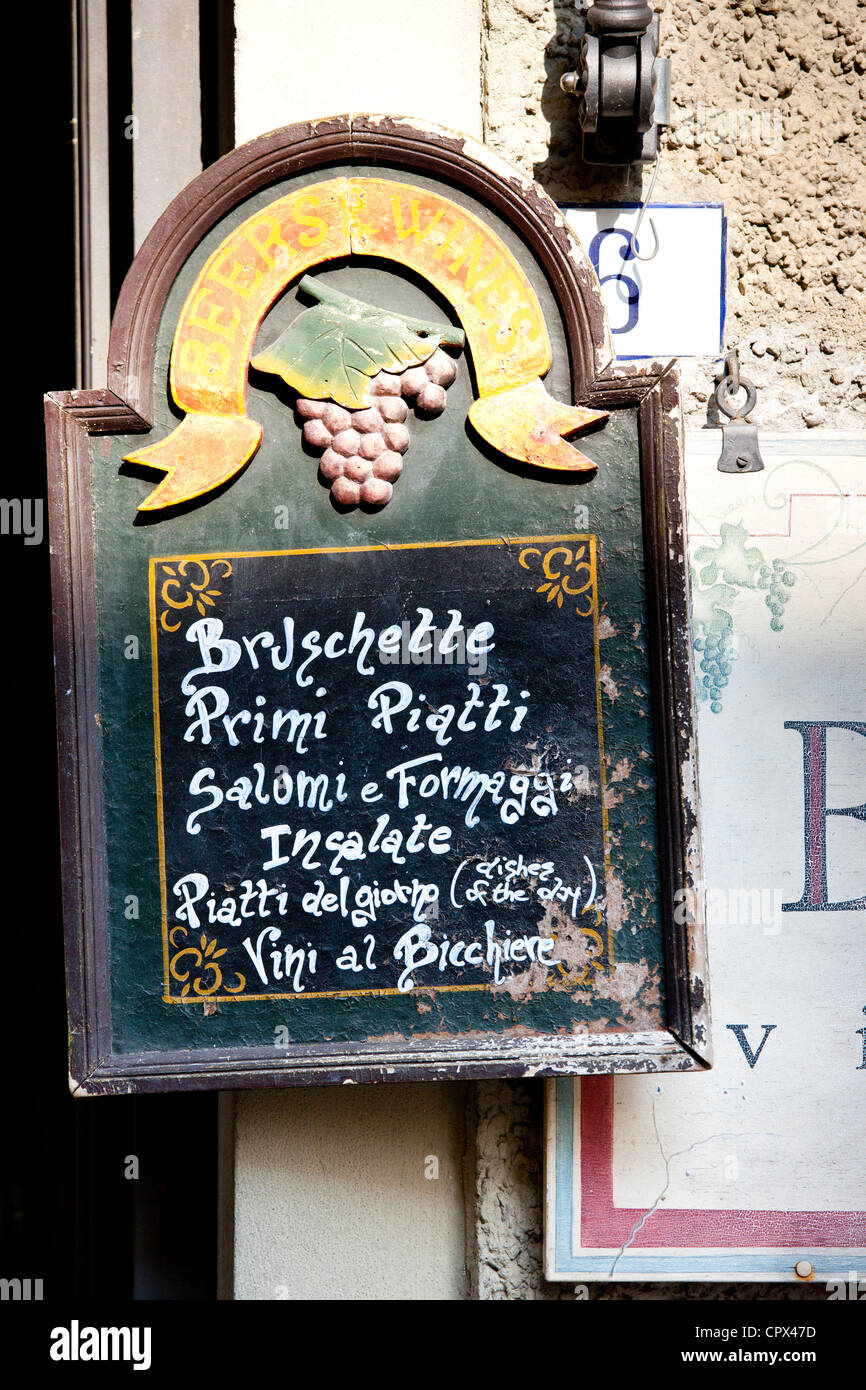 Chalk board restaurant menu of La Bottega di Giovannino with local specialities on offer in Radda-in-Chianti, Tuscany, Italy Stock Photo