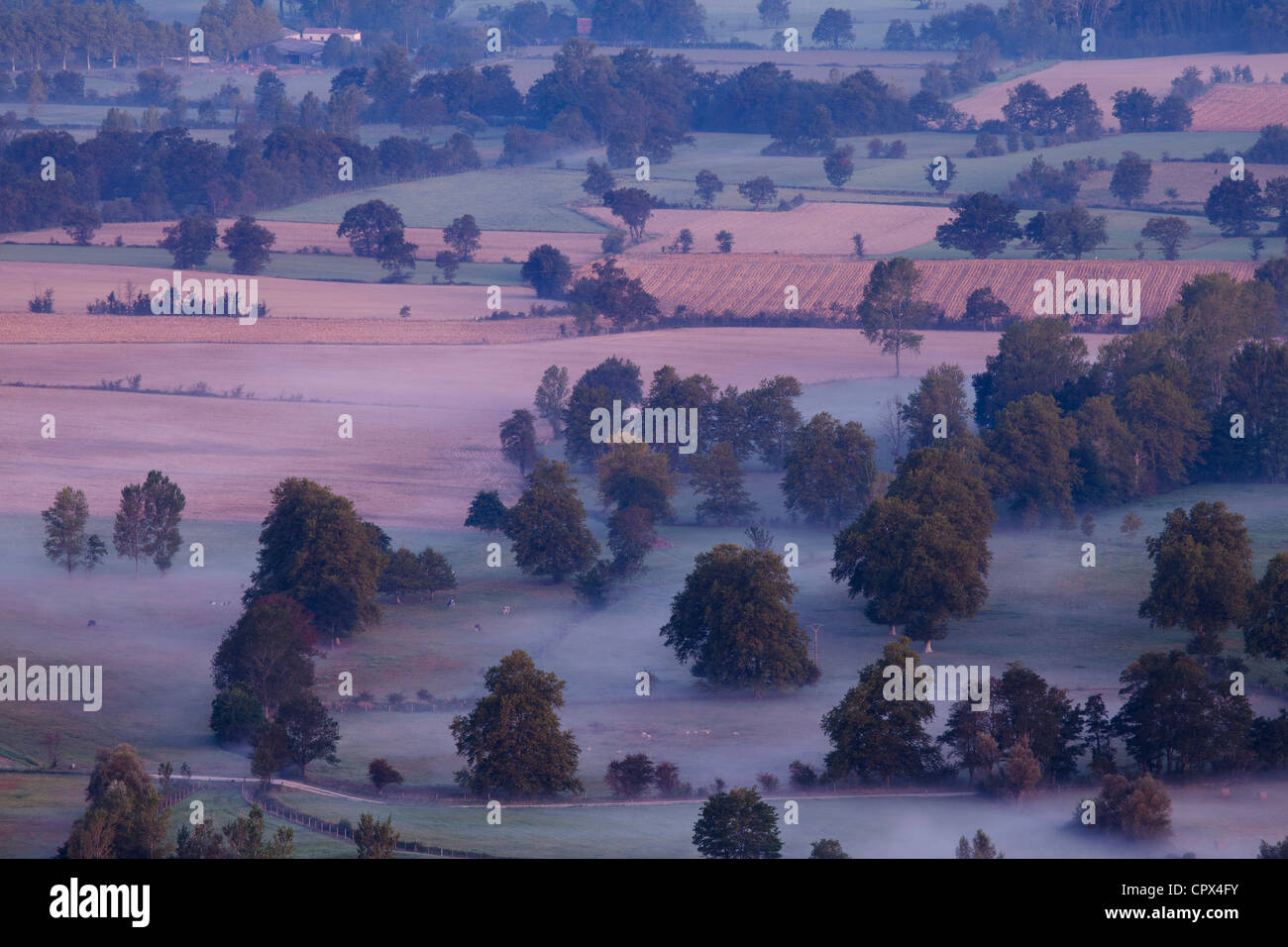 Dourgne and the Lauragais countryside at dawn, Tarn, Midi Pyrénées, France Stock Photo