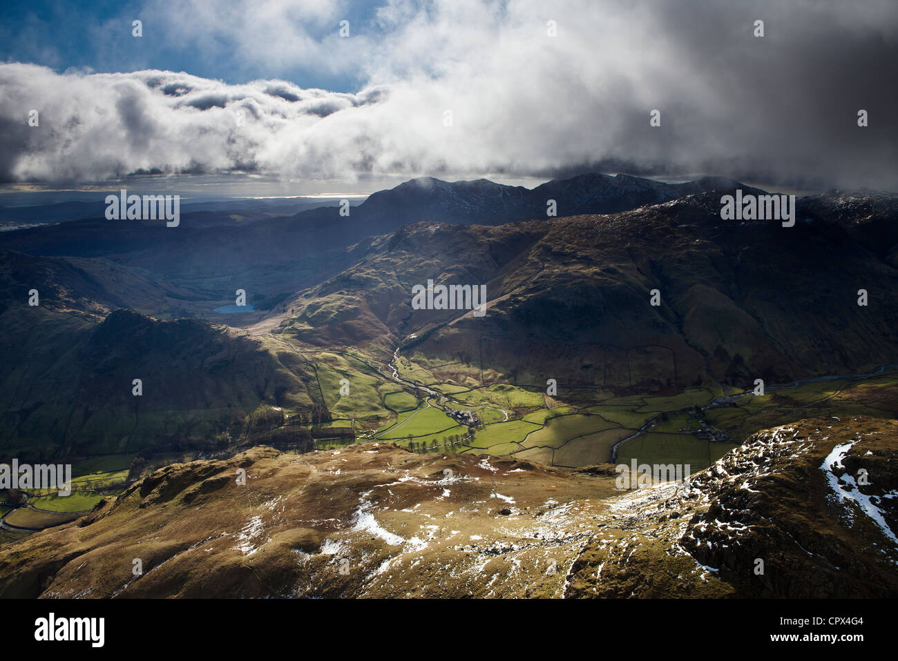 Langdale from the peak of Harrison Stickle, Langdale Pikes, Lakes District National Park, Cumbria, England Stock Photo