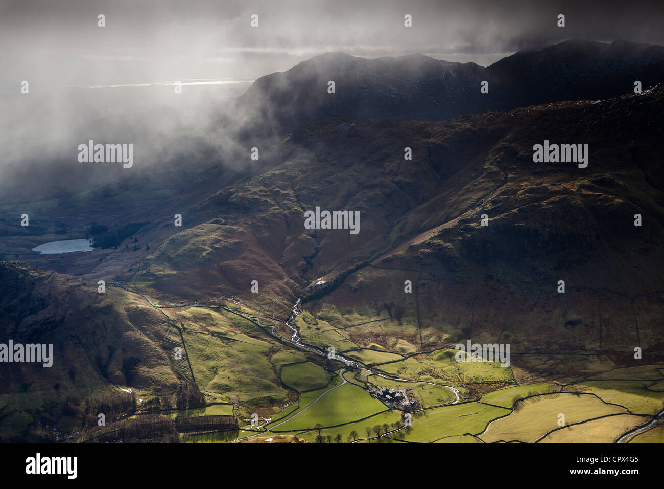 Langdale & Blea Tarn from the peak of Harrison Stickle, Langdale Pikes, Lakes District National Park, Cumbria, England Stock Photo