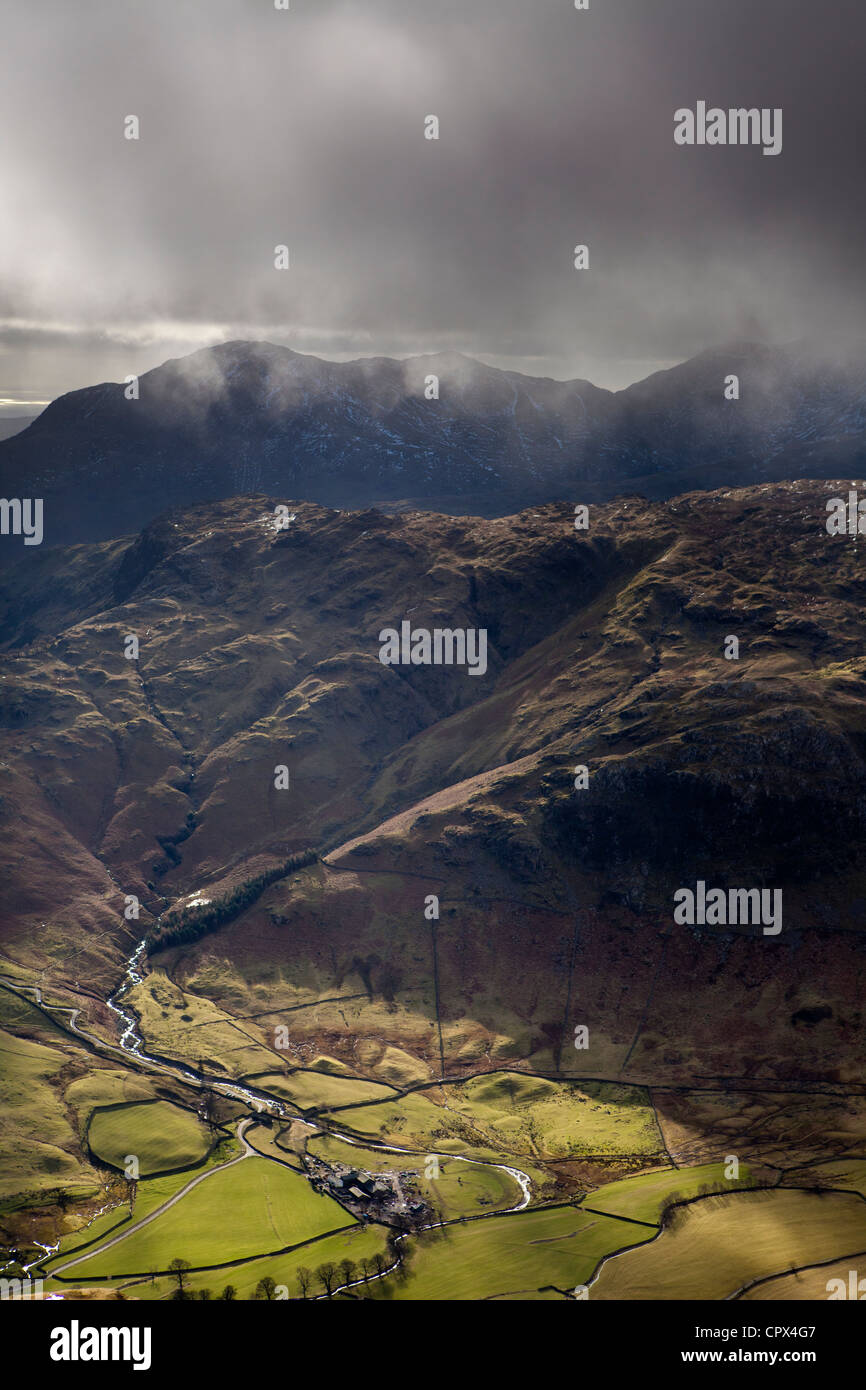 Upper Langdale from the peak of Harrison Stickle, Langdale Pikes, Lakes District National Park, Cumbria, England Stock Photo