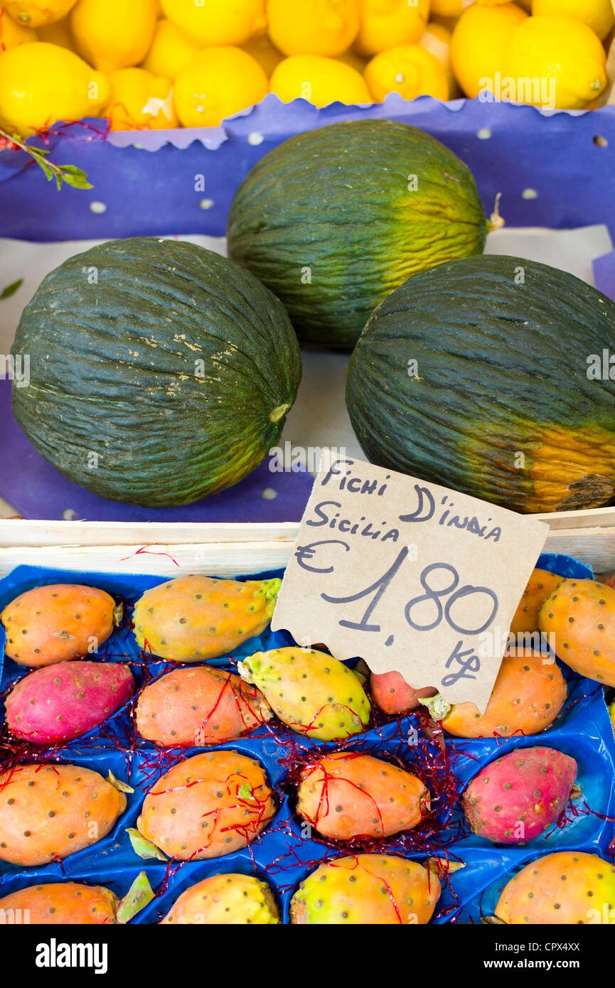 Fresh fruit at weekly street market in Panzano-in-Chianti, Tuscany, Italy Stock Photo