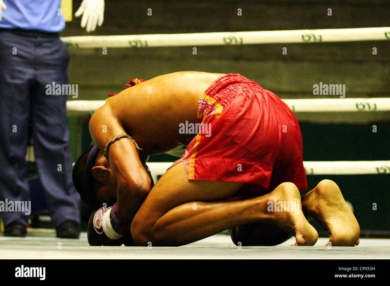 A boxer in preparation for a fight at the Rajadamnern Muay Thai Stadium in Bangkok, Thailand. Stock Photo