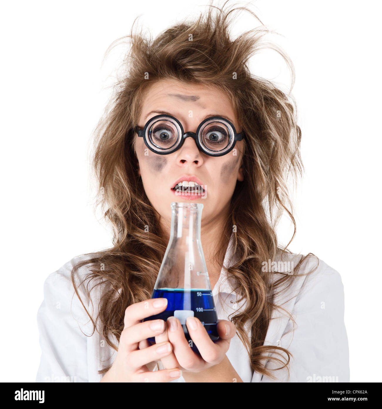 Crazy chemist woman with disheveled hair and vial in hands Stock Photo