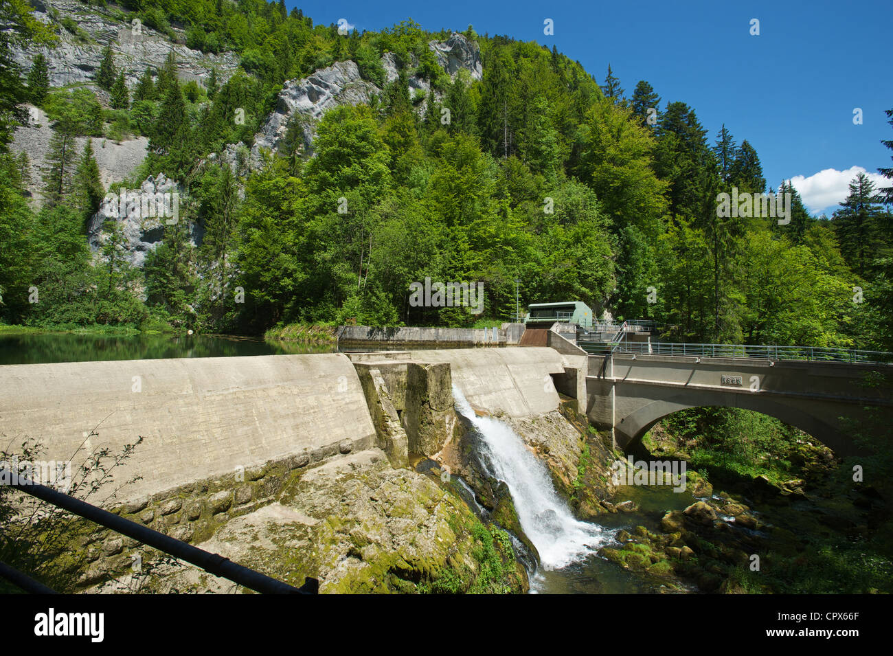 Source of the short river in the cantone of the Neuchatel called Areuse in the Swiss Jura mountains Stock Photo