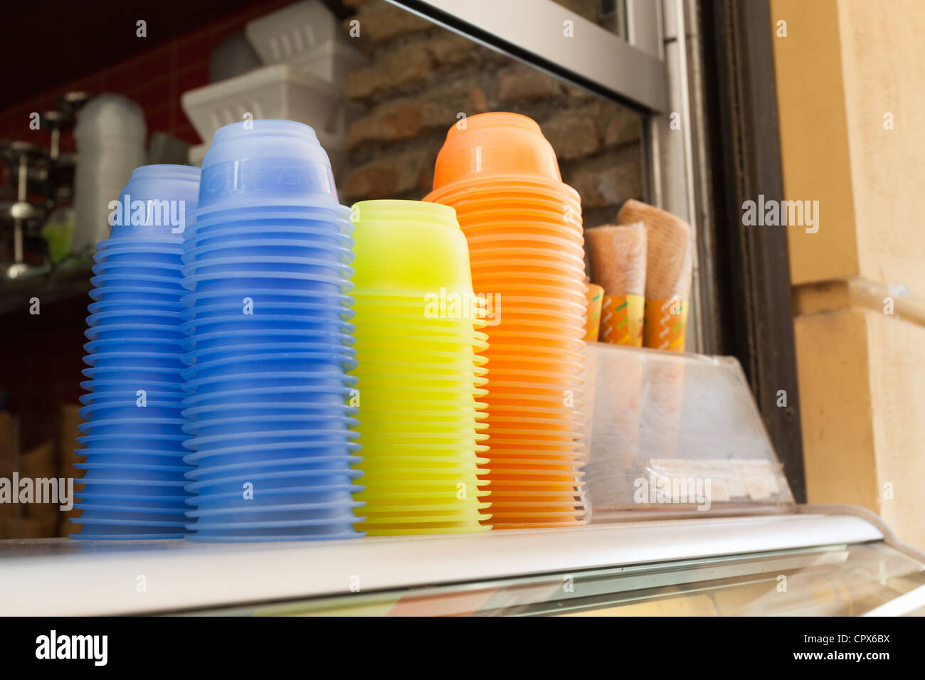 Ice cream tubs Malaga cafe. Spain Stock Photo