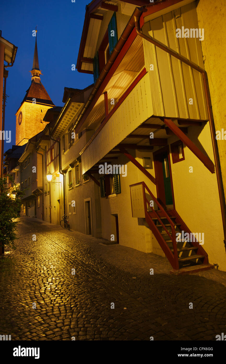 Old city of Aarau in the blue hour. The newly made inner circle roads were just completed in the year 2011/2012 Stock Photo