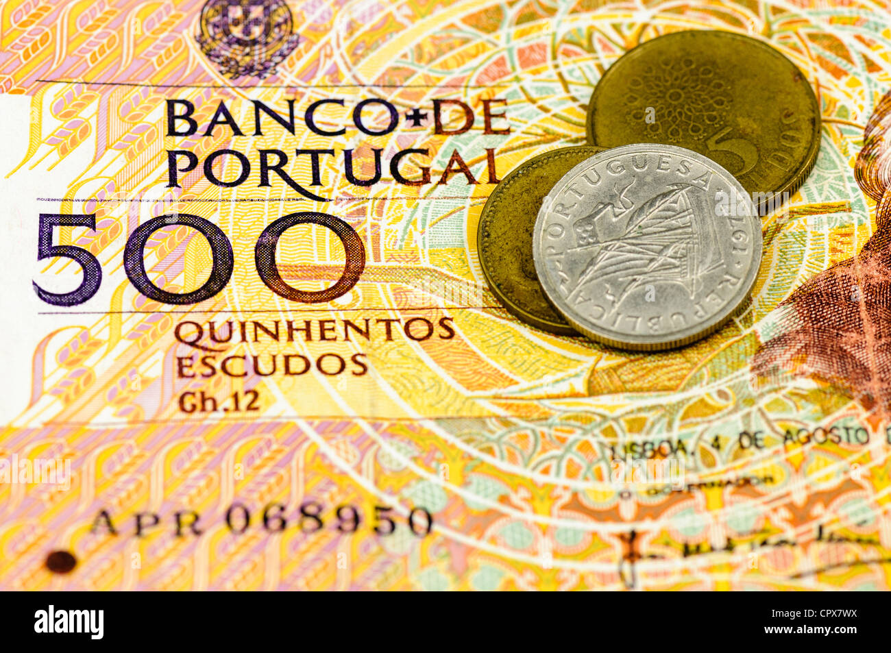 Portugese escudos bank note and coins Stock Photo