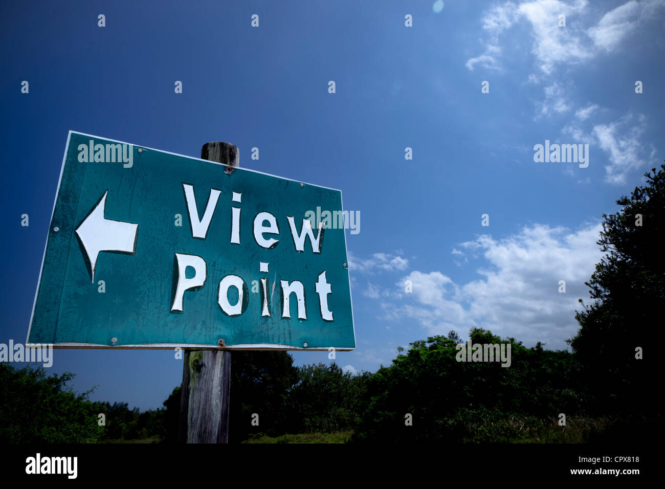 Closeup of an information sign that reads 'View Point', with a cloudy sky in the background Stock Photo
