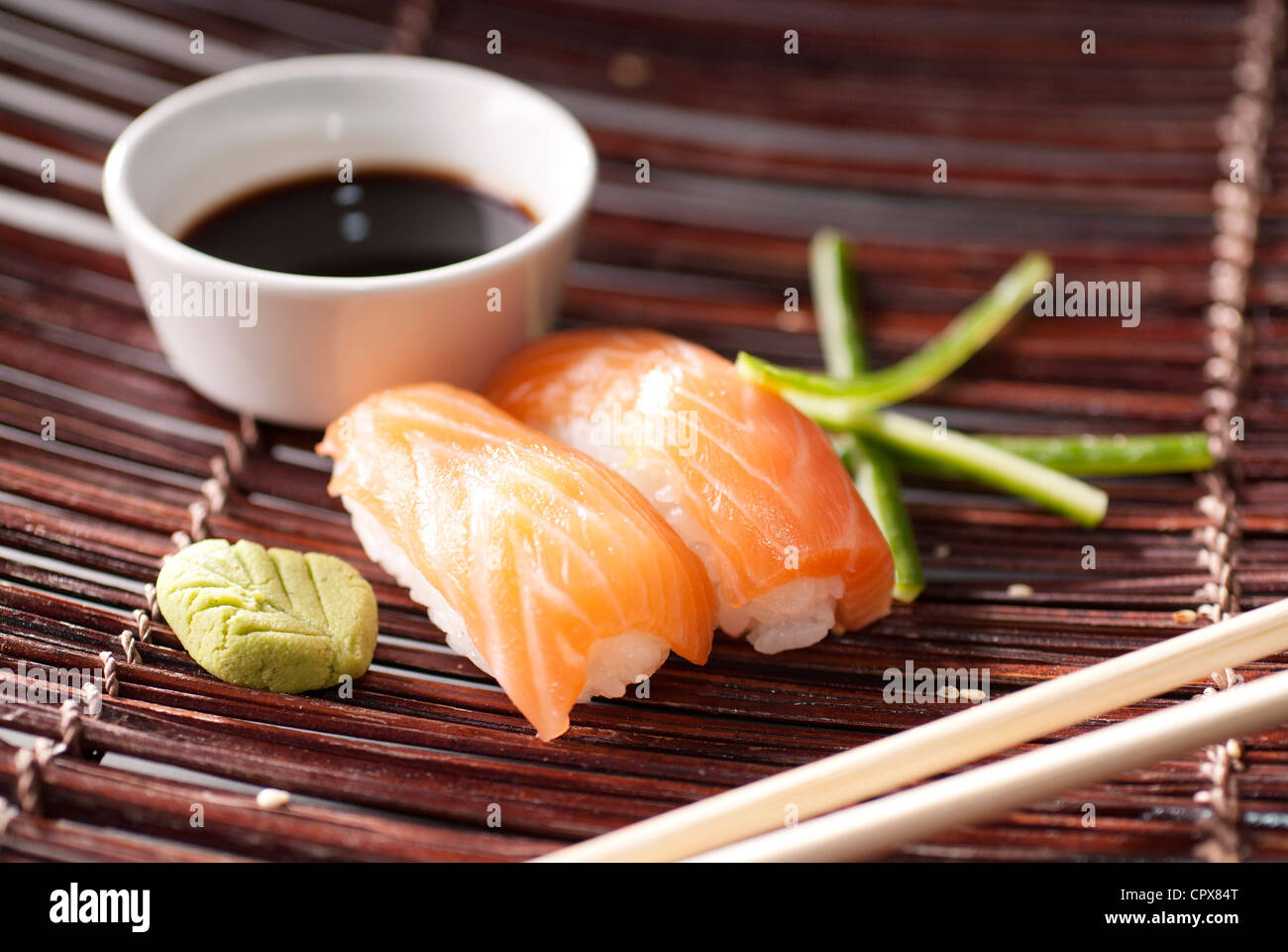sushi with soy sauce and wasabi Stock Photo Alamy