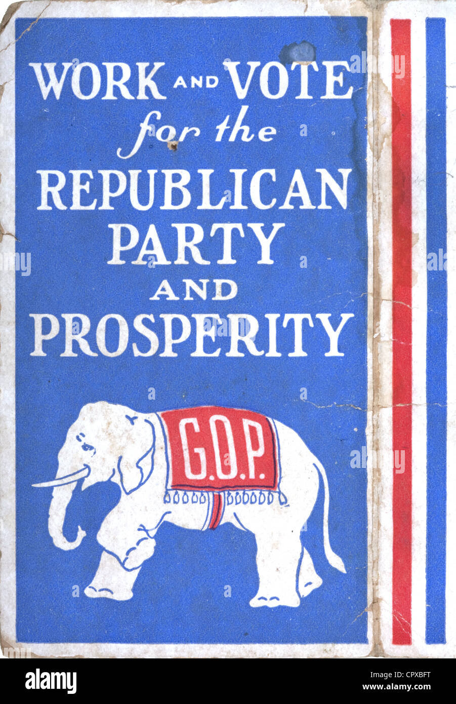 A 1928 GOP note card with slogans and the elephant as the symbol of the Republican Party Stock Photo