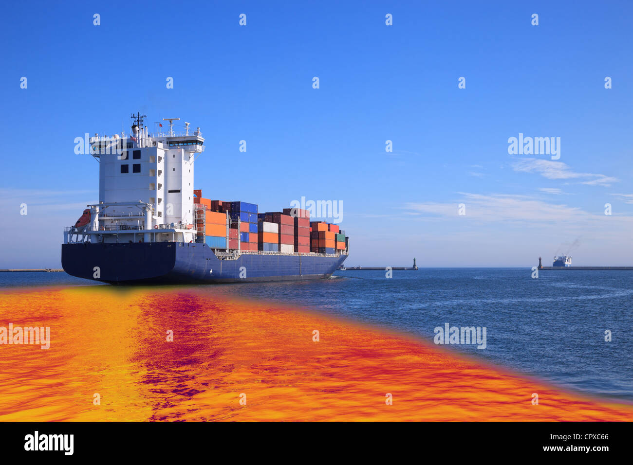 Environmental pollution caused by oil spill from the ship Stock Photo