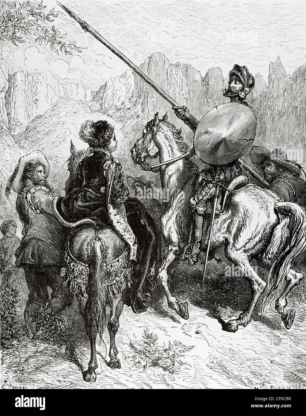 Don Quixote by Miguel de Cervantes. Don Quixote, Sancho and the princess Dorotea. By Doré. Stock Photo