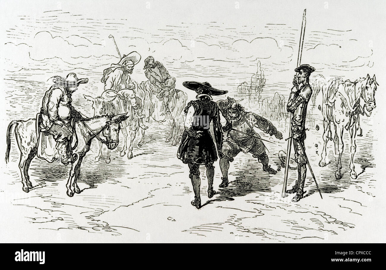 Don Quixote by Miguel de Cervantes. The duel between the graduate and the bachelor Corchuelo. By Dore. Stock Photo