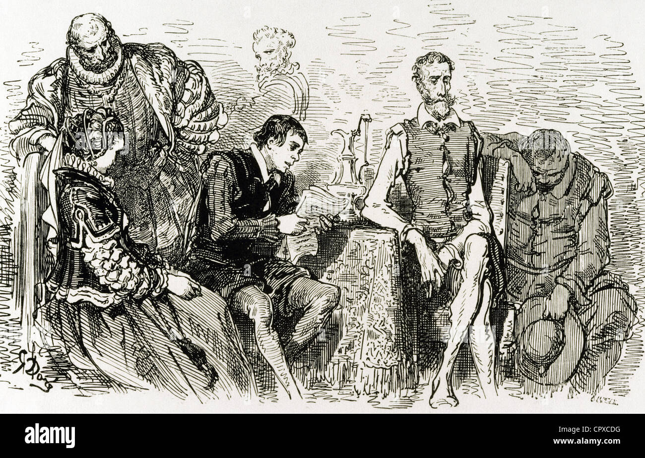 Don Quixote by Cervantes. The student Don Lorenzo reads the poems at their guests Don Quixote and Sancho and his family. By Dore Stock Photo