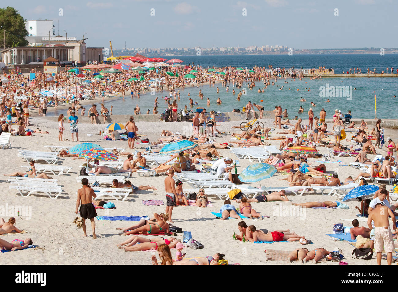 Many people on the beach. Beach Lanzheron, Odessa, Ukraine, Eastern Europe Stock Photo