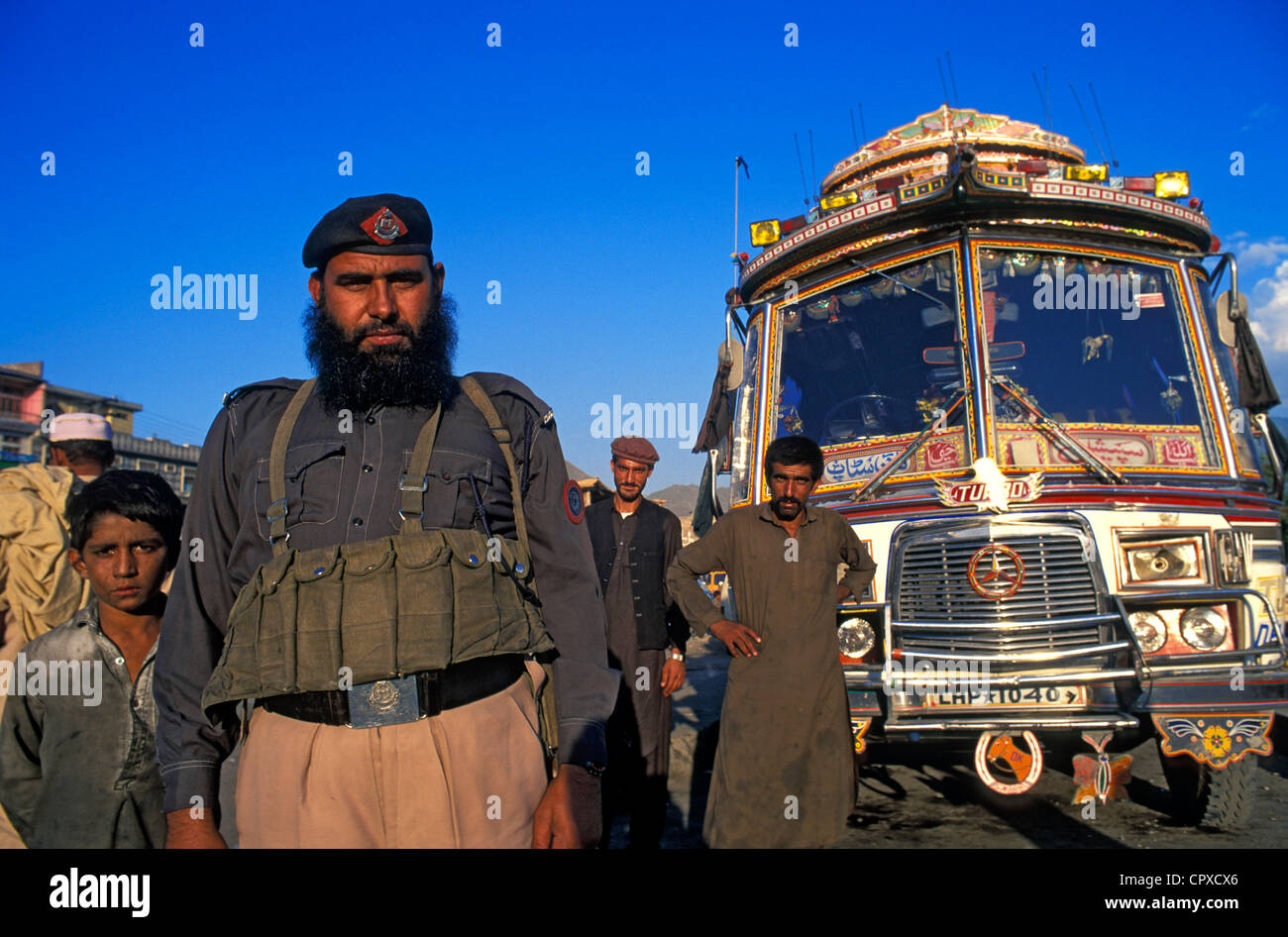 Pakistan, Mingora, Bus station, military Stock Photo