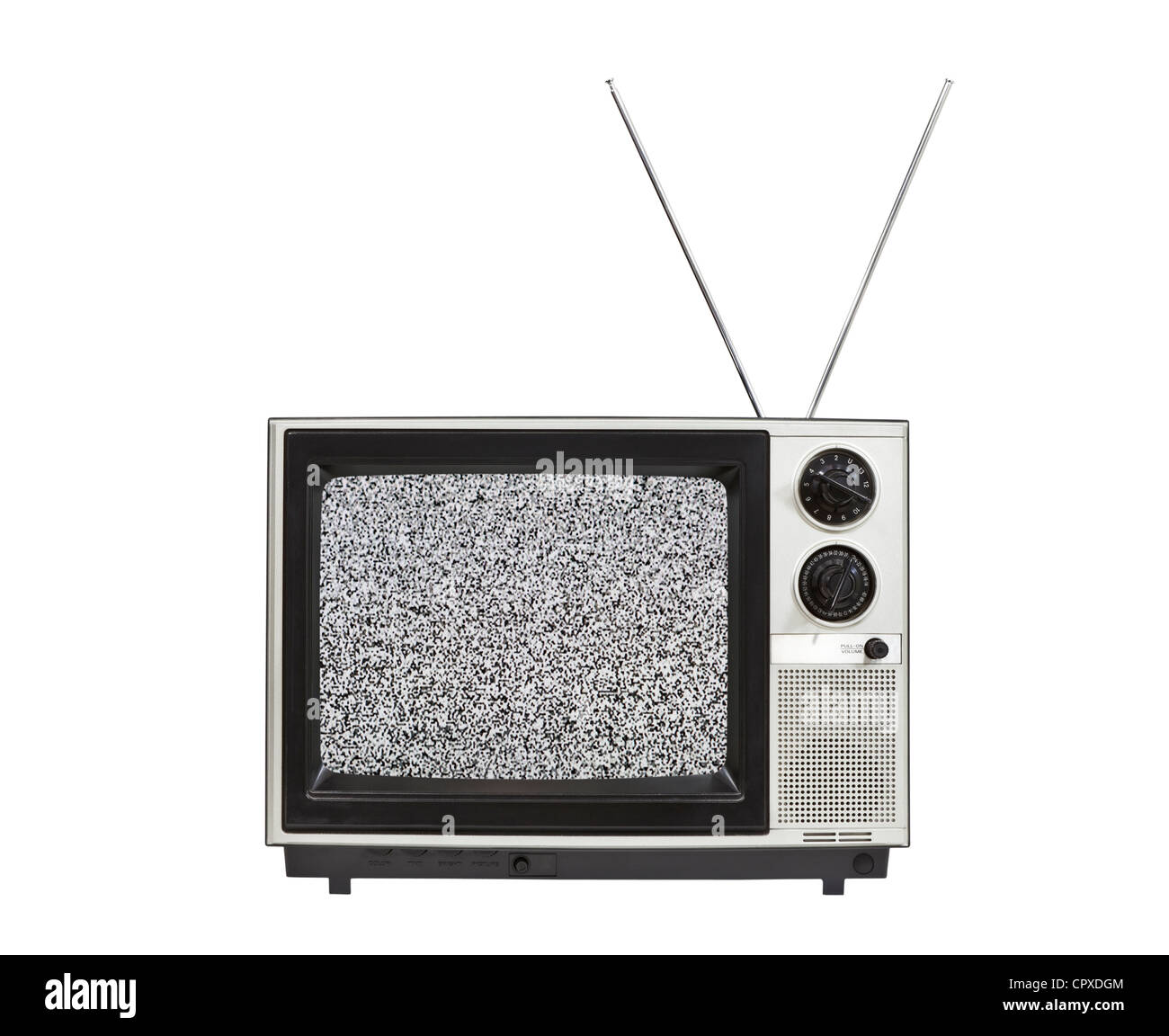 Static screen portable vintage television with antennas up. Isolated on white. Stock Photo