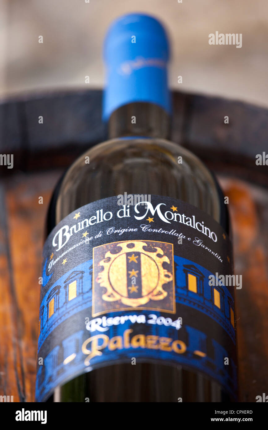 Brunello di Montalcino 2004 Riserva bottle of red wine at wine estate of Palazzo near Montalcino in Val D'Orcia, Tuscany, Italy Stock Photo