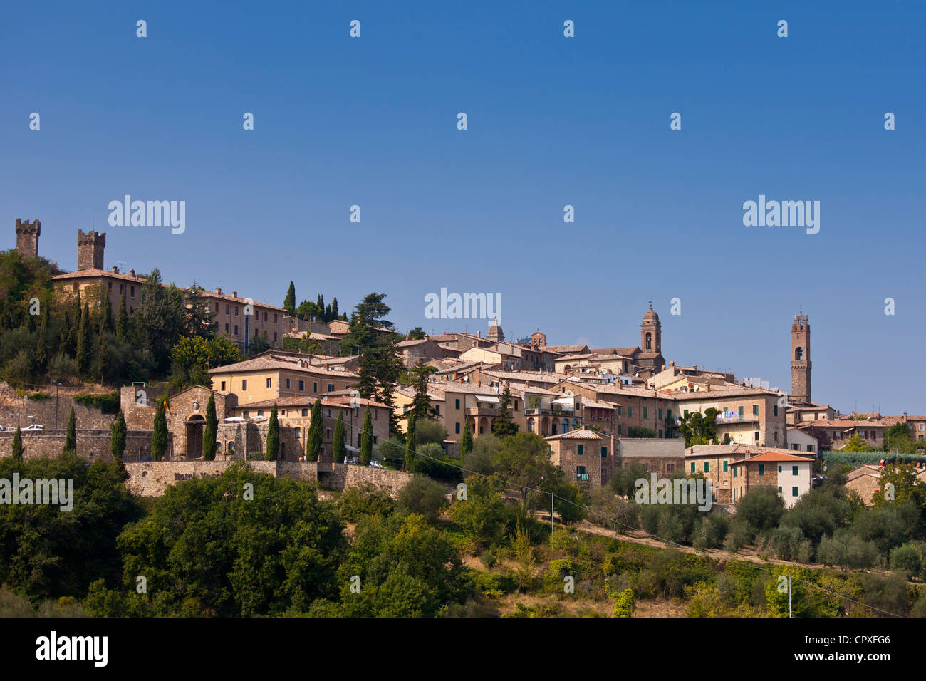 Ancient Tuscan architecture of hill town of Montalcino in Val D'Orcia, Tuscany, Italy Stock Photo