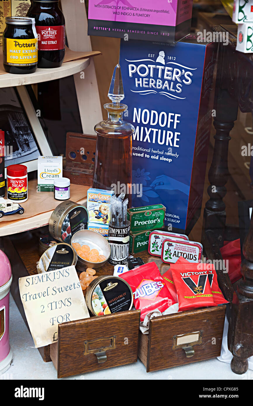 Display of old 1950s medical remedies, sweets and lozenges, Wales, UK