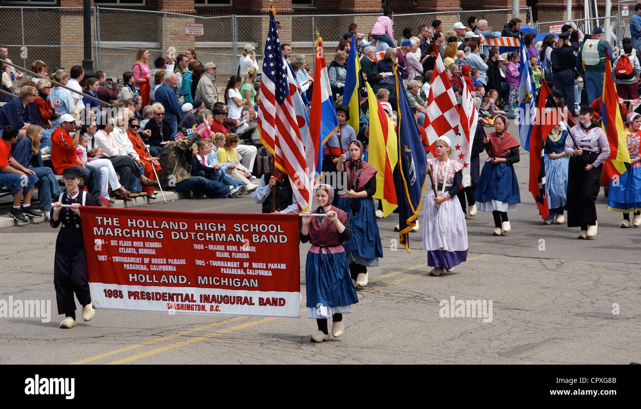 Holland High School Marching Dutchman Band marches in the Meijer