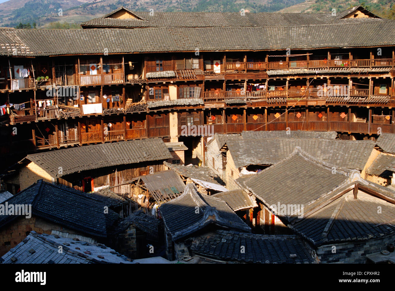 China Fujian Province Hukeng inside of Tulou building communal living structures designed to be easily defensible made of brick Stock Photo