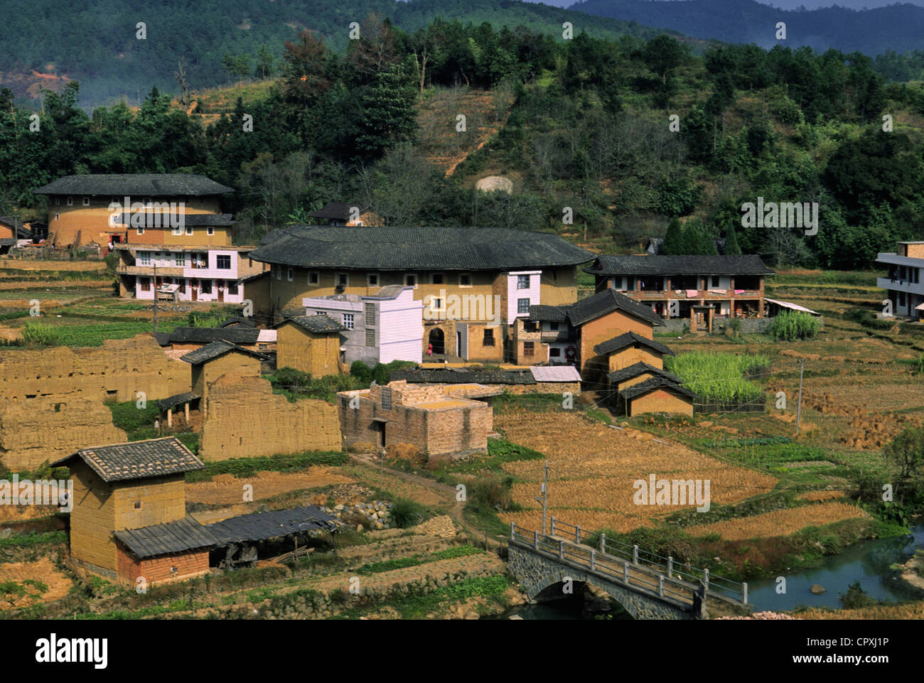 China Fujian Province Hukeng Tulou building communal living structure designed to be easily defensible made of brick stone or Stock Photo
