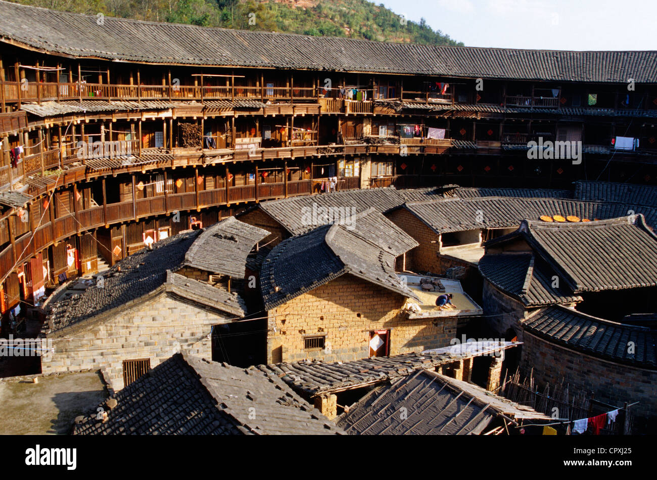 China Fujian Province Hukeng inside of Tulou building communal living structure designed to be easily defensible made of brick Stock Photo