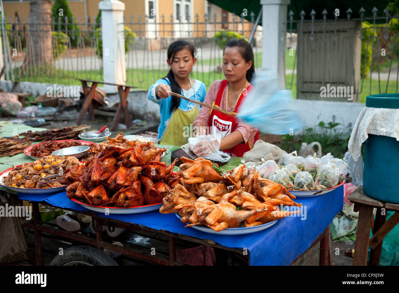 Laos, Luang Prabang , at nightfall, food stalles offering grilled fish, meat kebab and flavoured soups Stock Photo