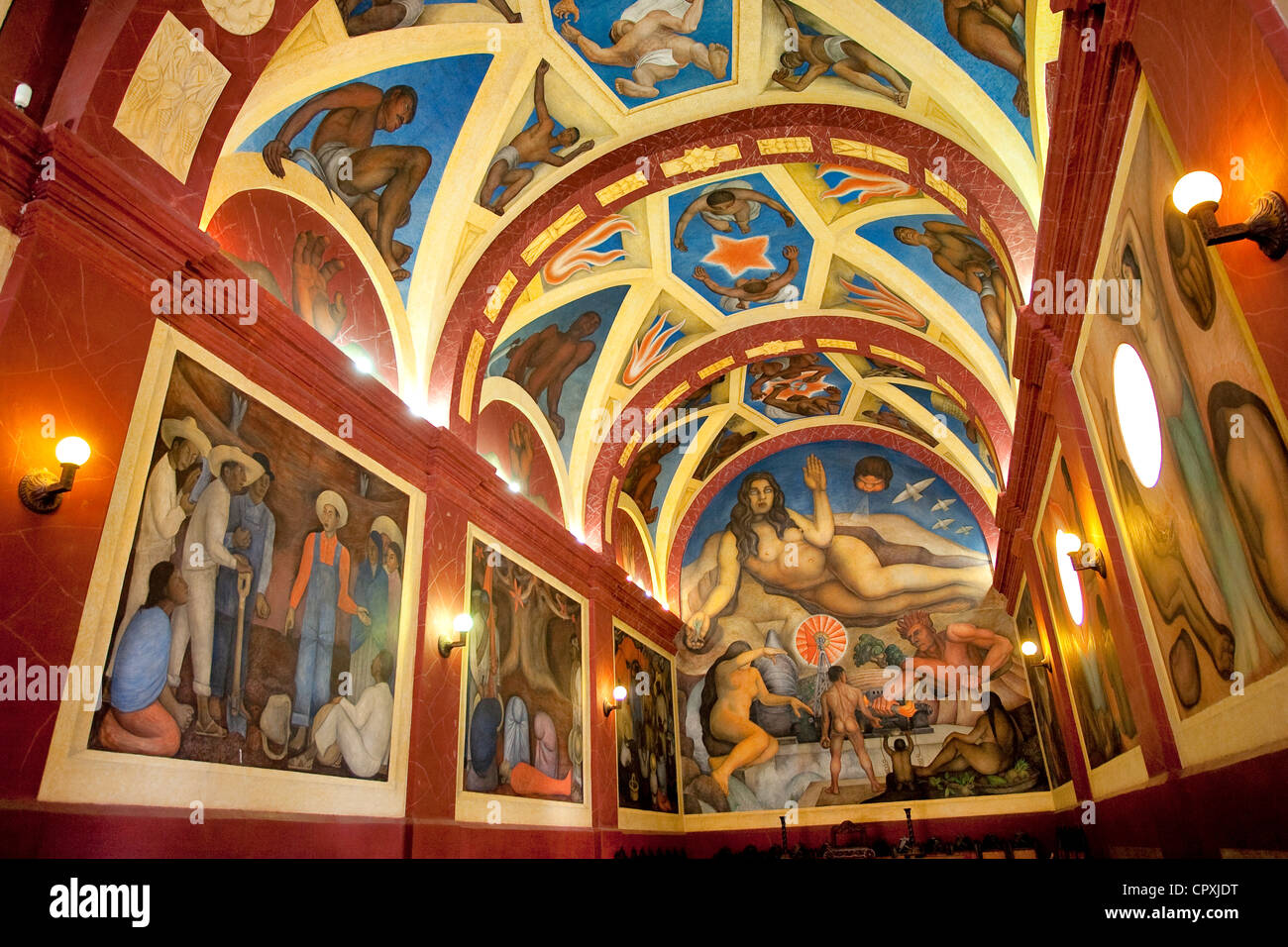 Mexico, Mexico State, Texcoco, University, Diego Rivera frescoes representing Earth Stock Photo