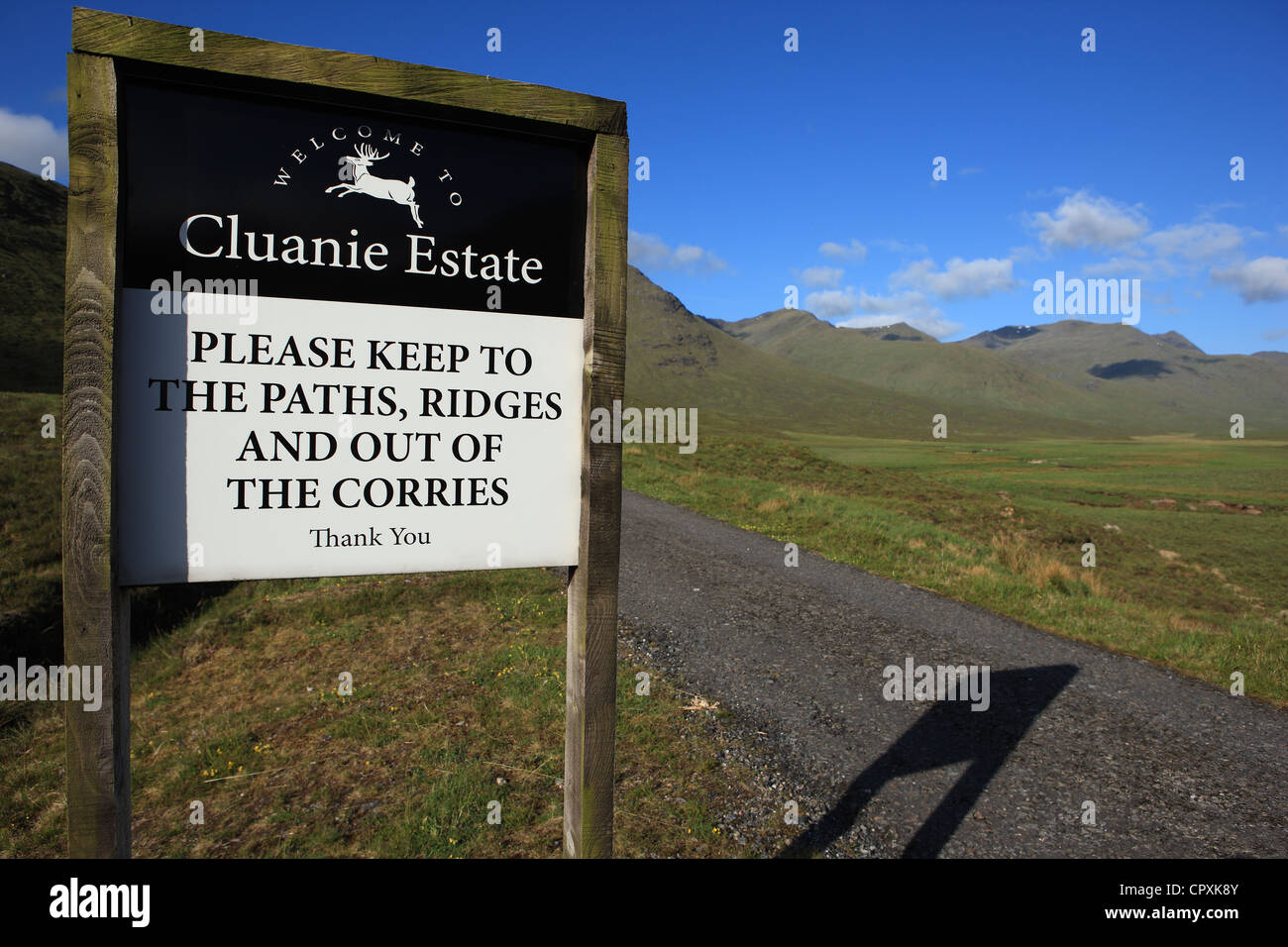 Sign at the beginning of the South Glen Shiel Ridge or South Cluanie Ridge as it is also called asking walkers to stay on paths Stock Photo