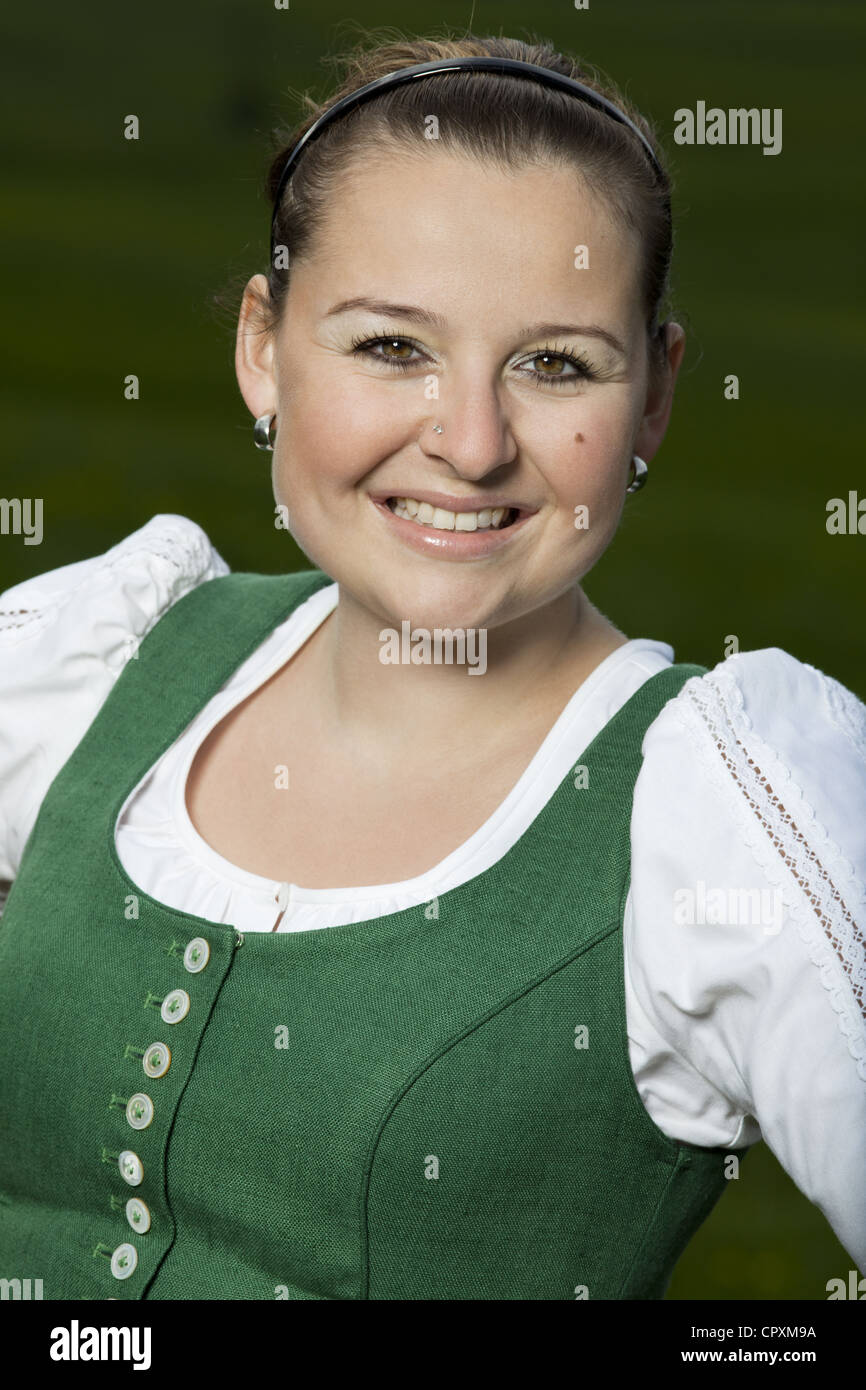 Portrait of a young woman in Austrian dirndl Stock Photo