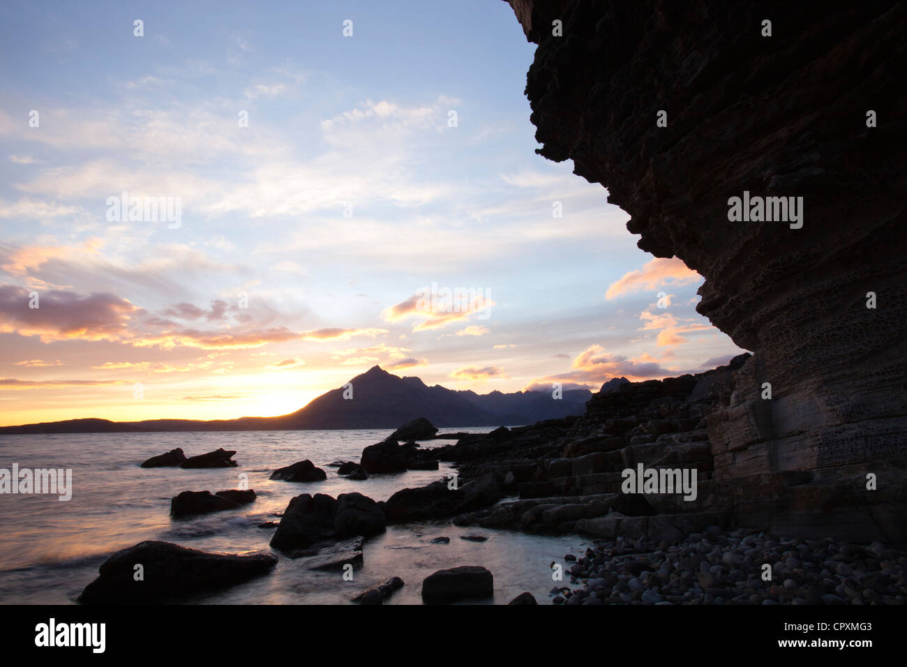 The Cuillin Ridge on the Isle of Skye, Scotland, UK, from Elgol, at sunset. Stock Photo