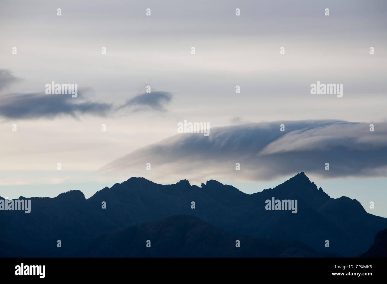 The Cuillin Ridge on the Isle of Skye, Scotland, UK, from Elgol, at dusk Stock Photo