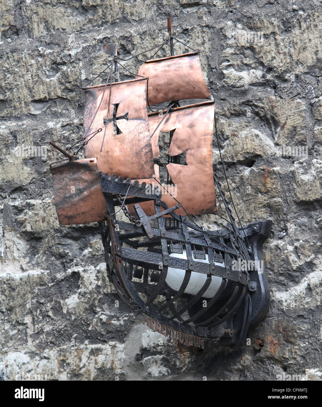 Metal and copper sailing ship artwork above the Maritime Museum. Old