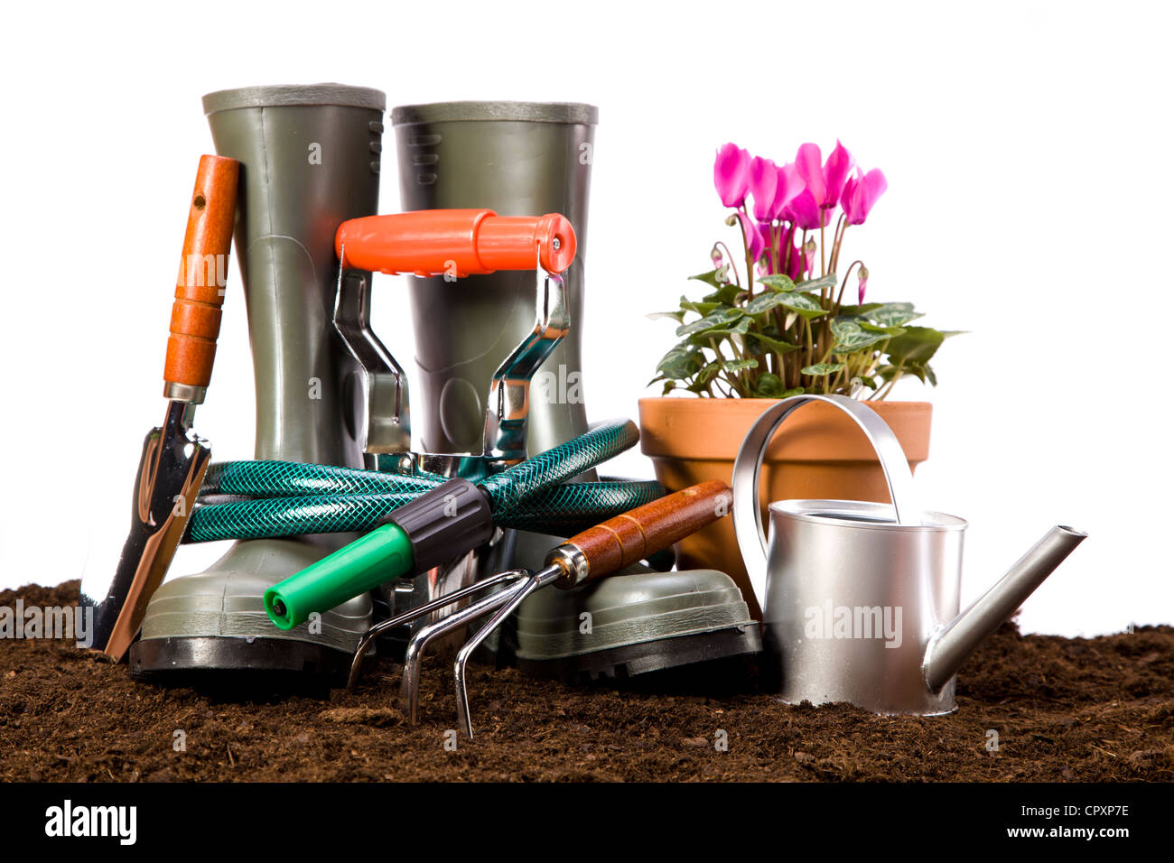 Flowers and garden tools, gardening equipment Stock Photo Alamy