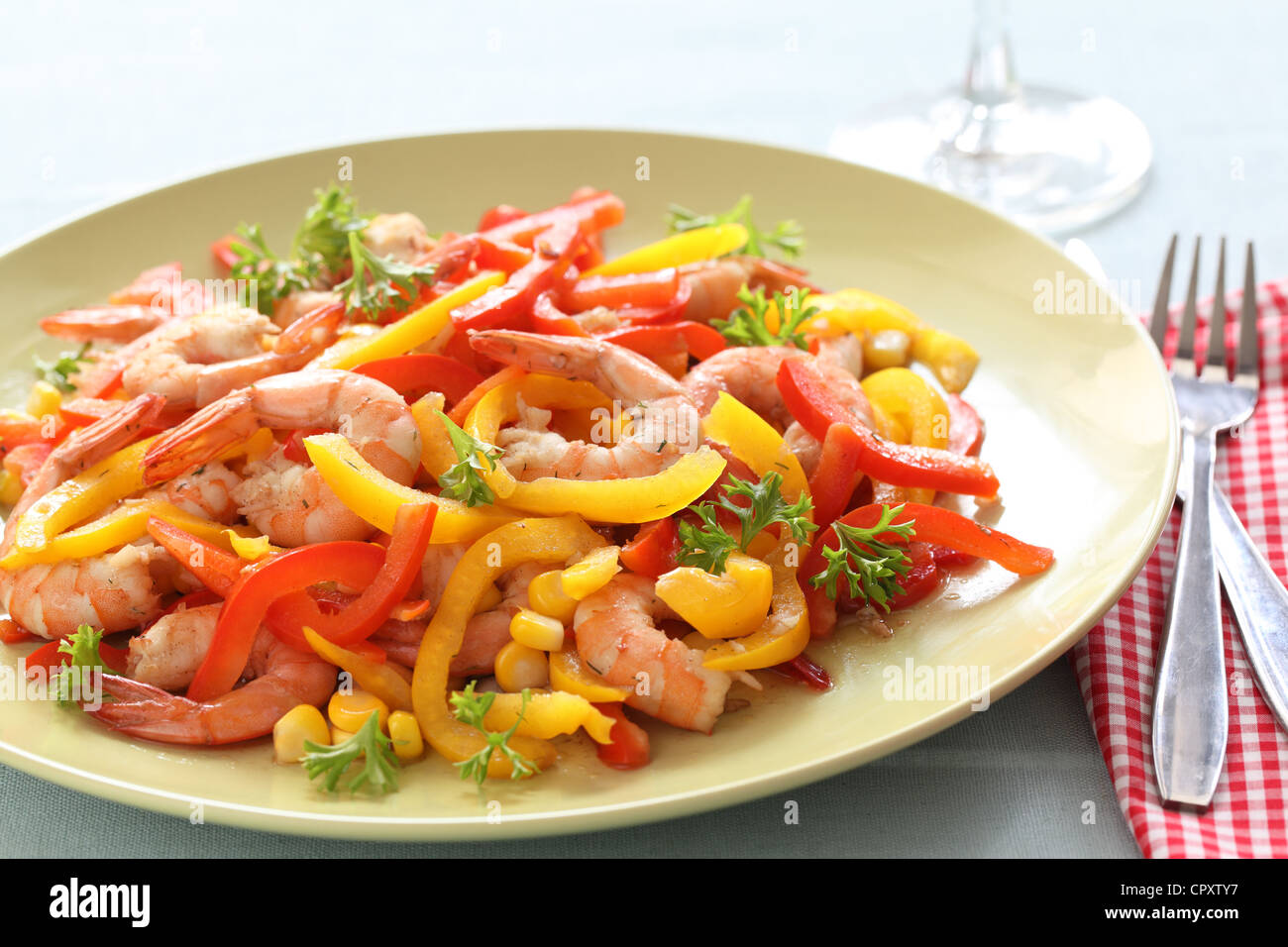 Shrimp with pepper and corn Stock Photo