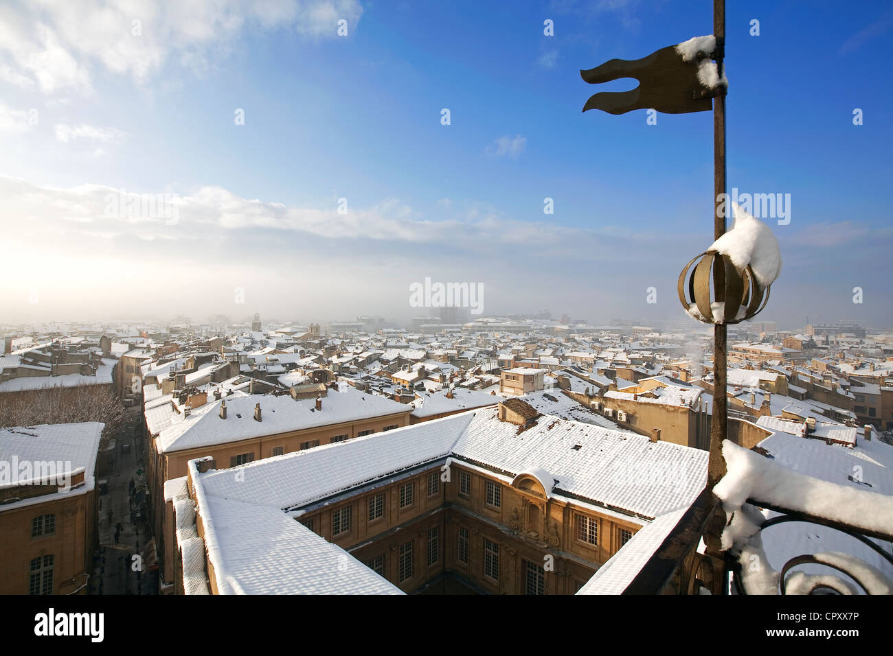 France, Bouches du Rhone, Aix en Provence, view over the snowed in roofs and the town hall from the Belfry Stock Photo