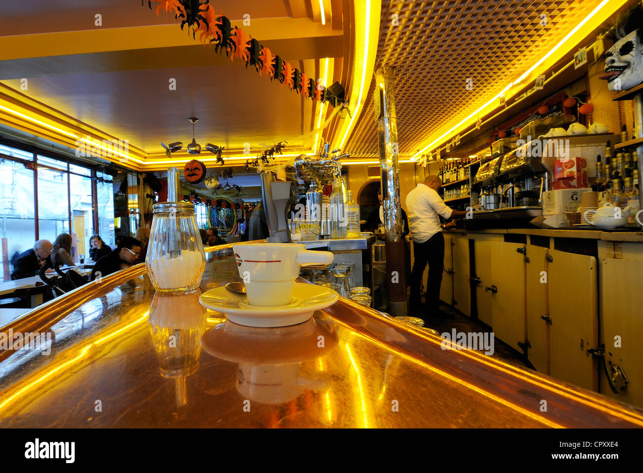 France, Paris, the Butte Montmartre, Rue Lepic, Cafe des Deux Moulins, cinema set of Le Fabuleux Destin d'Amelie Poulain movie Stock Photo