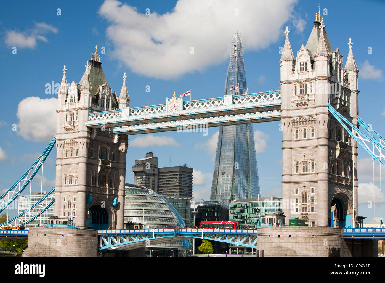 The Tower Bridge and the Shard in London, UK. The Shard at 310m or over 1000 feet tall, is the tallest building in Europe. Stock Photo