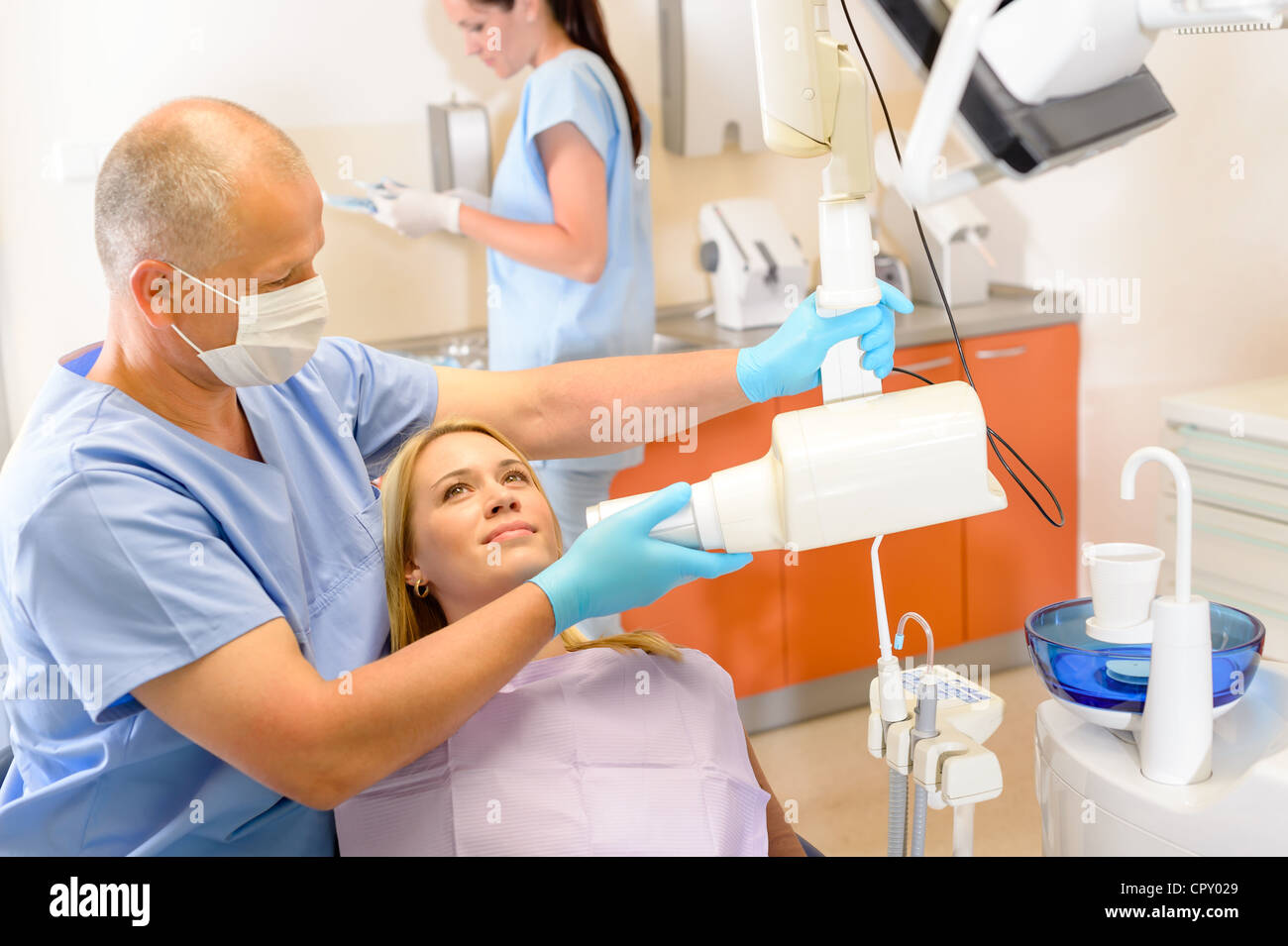 Xray examination at dental surgery patient with dentist stomatology