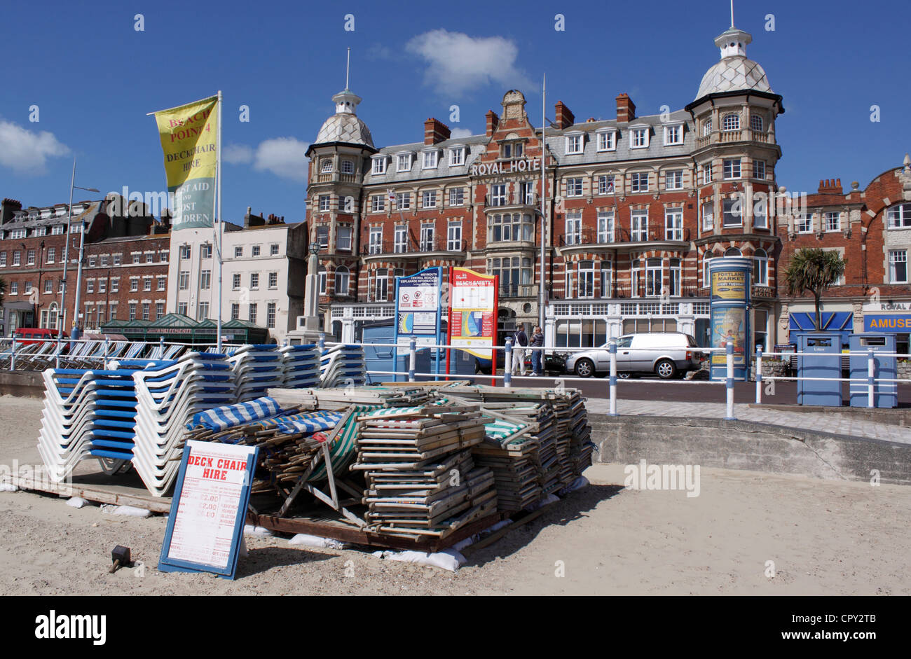 DECK CHAIRS STACKED ON WEYMOUTH BEACH DORSET Stock Photo Alamy